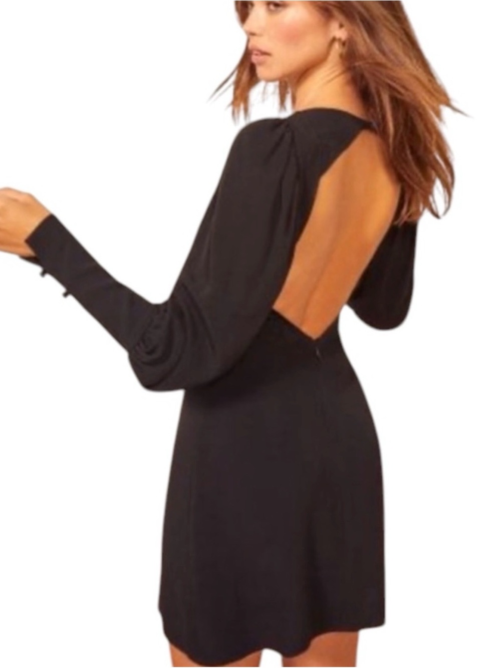 Reformation Rachel Black Open-Back Long Sleeve Mini Dress